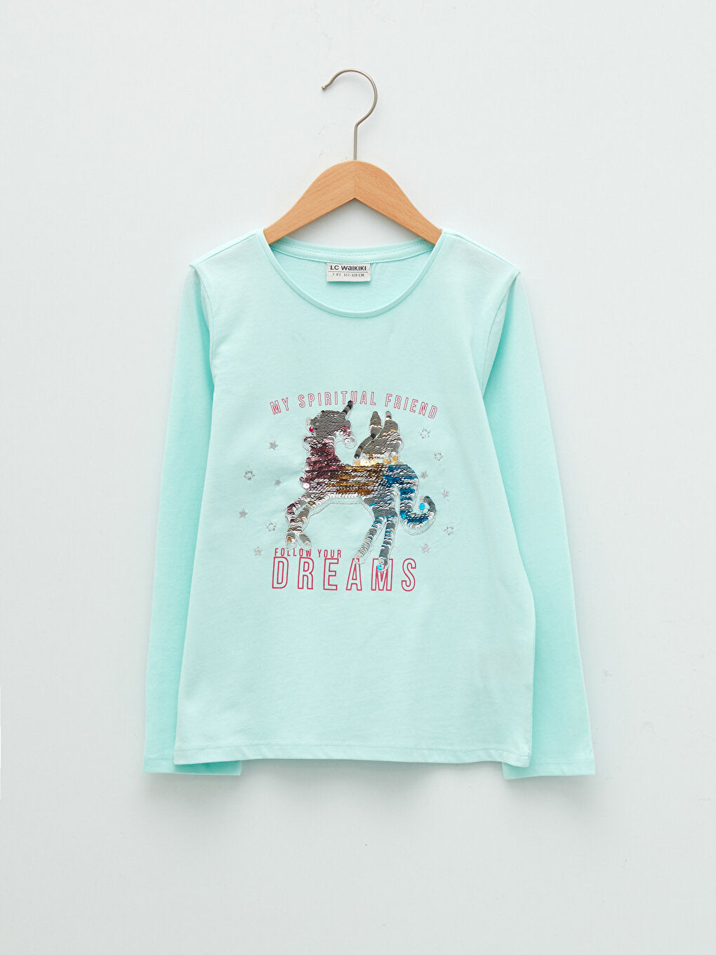 Crew Neck Printed Reversible Sequined Long Sleeve Girl's T-Shirt