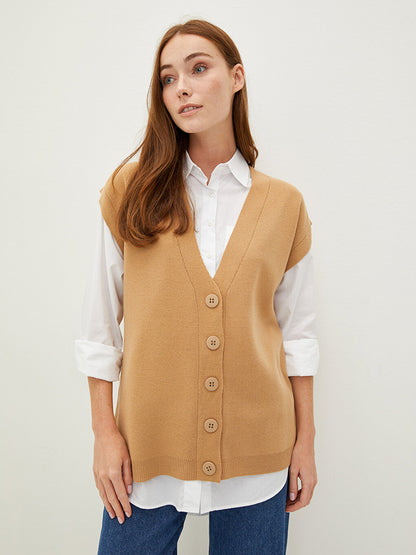 V-Neck Plain Buttoned Women's Knitwear Vest