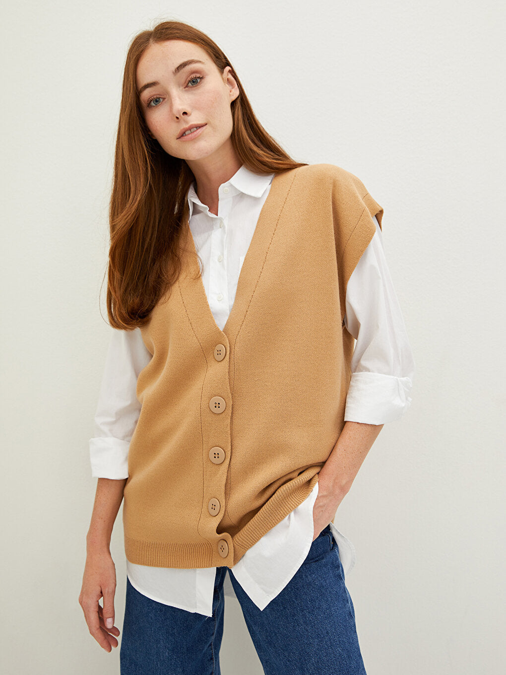 V-Neck Plain Buttoned Women's Knitwear Vest