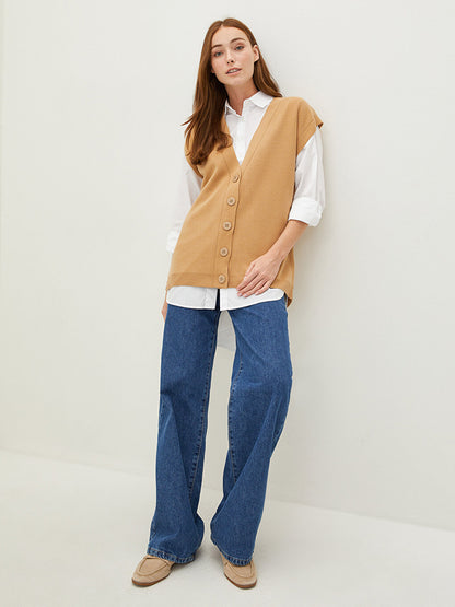 V-Neck Plain Buttoned Women's Knitwear Vest