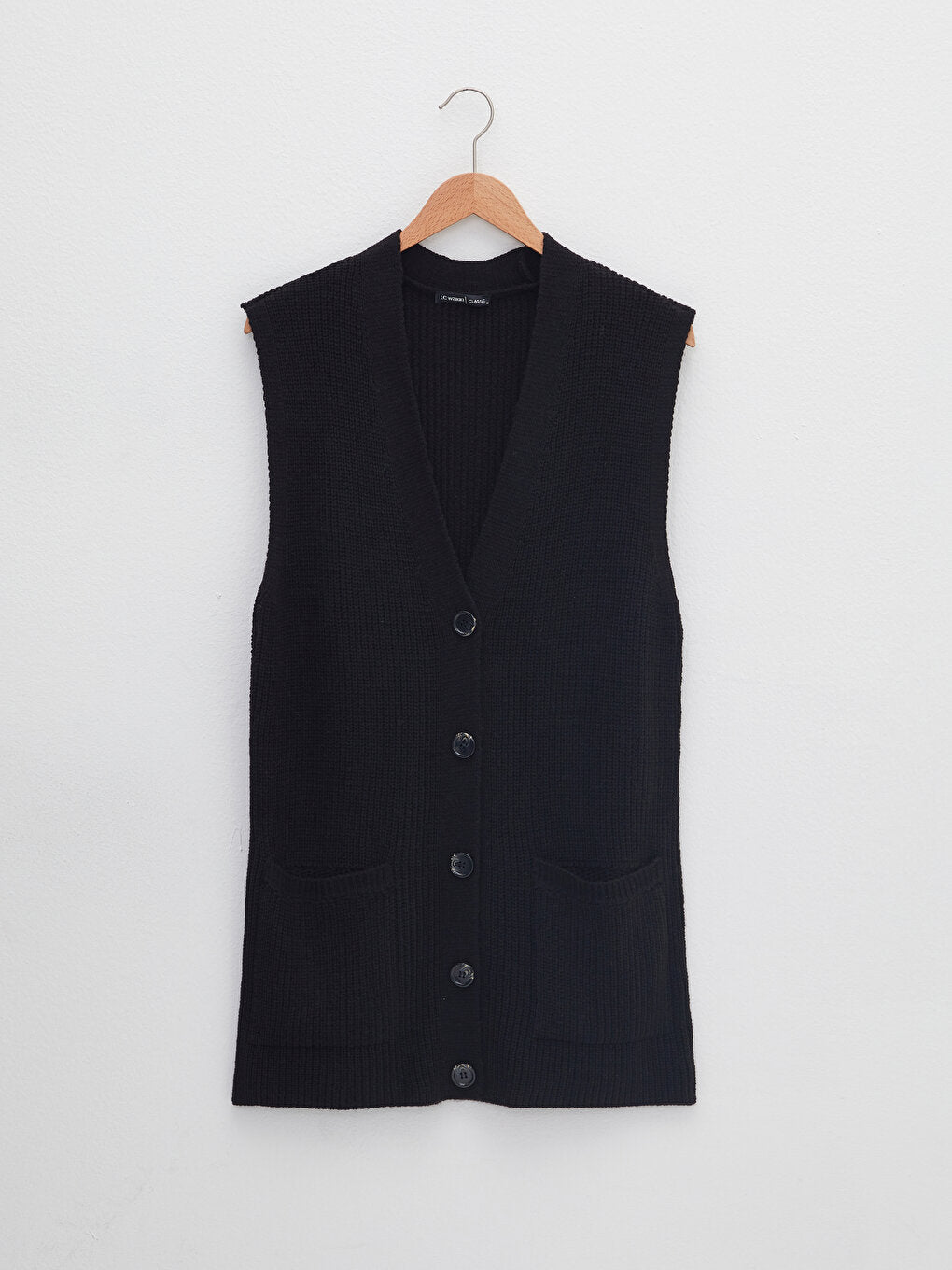 V-Neck Women's Knitwear Vest with Pocket Detail