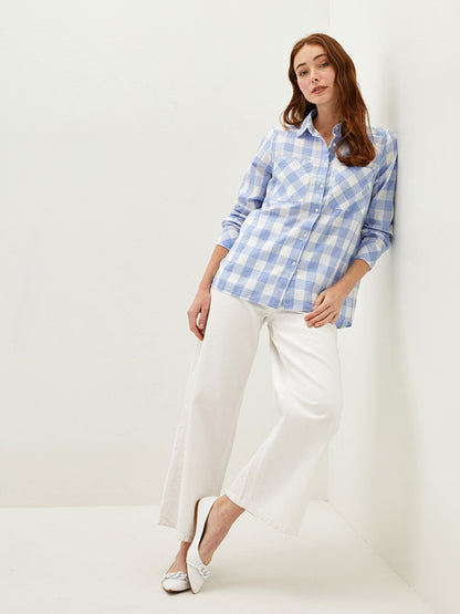 Button Closure Plaid Long Sleeve Poplin Women's Shirt