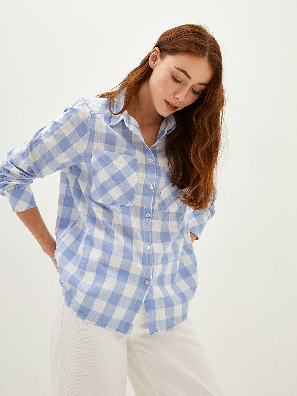 Button Closure Plaid Long Sleeve Poplin Women's Shirt