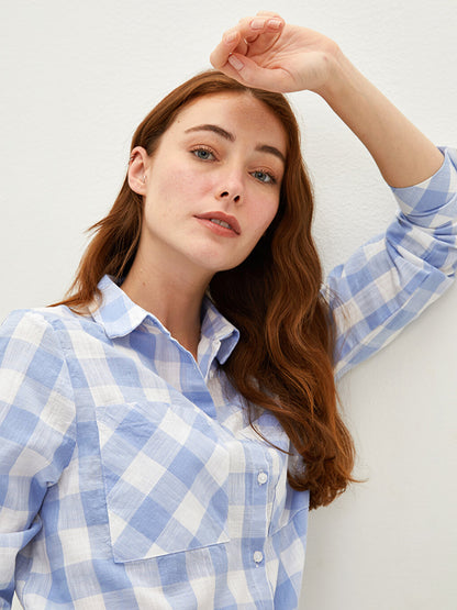 Button Closure Plaid Long Sleeve Poplin Women's Shirt