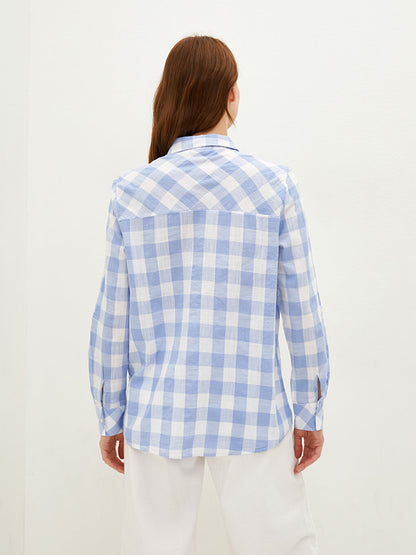 Button Closure Plaid Long Sleeve Poplin Women's Shirt