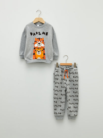 Crew Neck Long Sleeve Printed Baby Boy Sweatshirt and Trousers 2-Piece Set