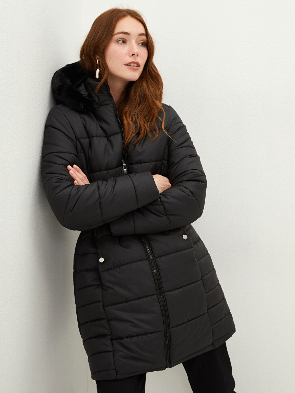 Hooded Plain Pocket Detailed Long Sleeve Thick Women's Puffer Coat