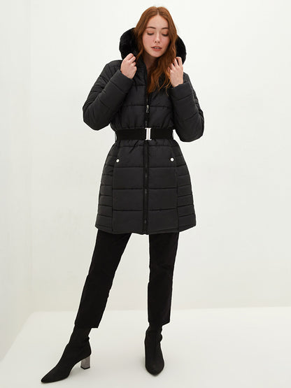 Hooded Plain Pocket Detailed Long Sleeve Thick Women's Puffer Coat