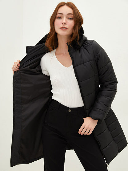 Hooded Plain Pocket Detailed Long Sleeve Thick Women's Puffer Coat