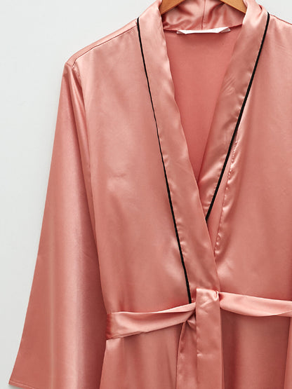 Double Breasted Neck Straight Long Sleeve Satin Women's Dressing Gown