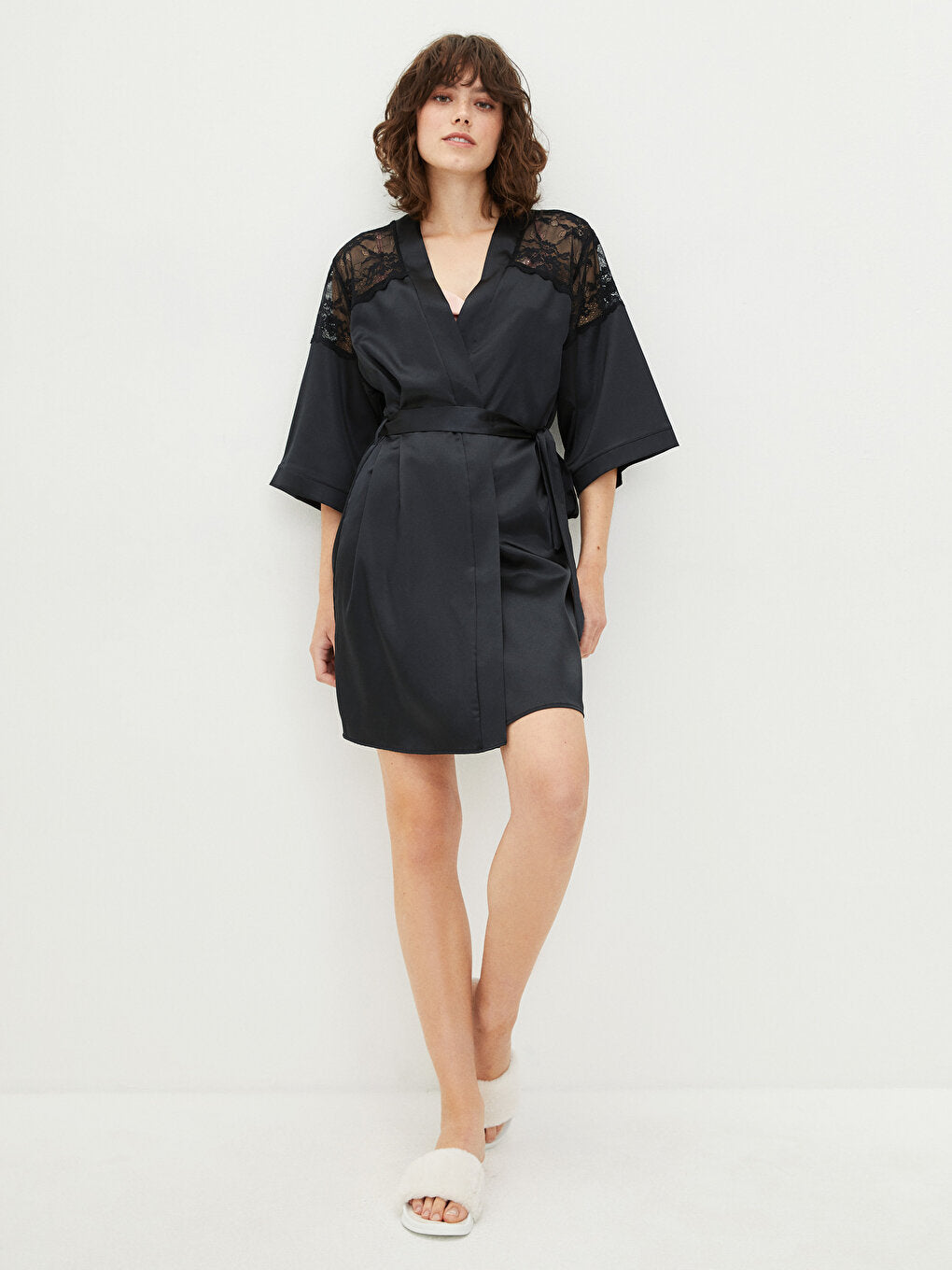 Double Breasted Collar Lace Satin Women's Dressing Gown