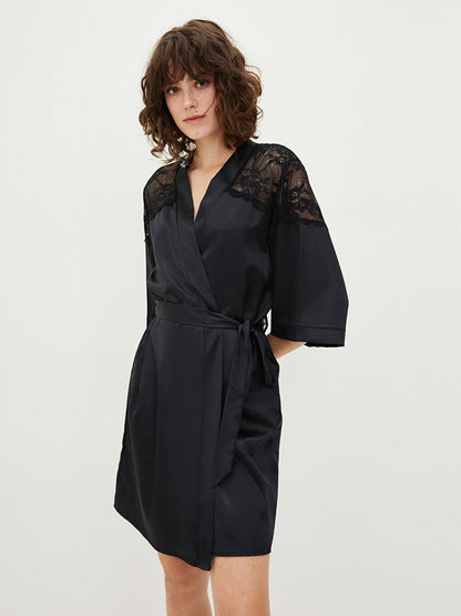 Double Breasted Collar Lace Satin Women's Dressing Gown