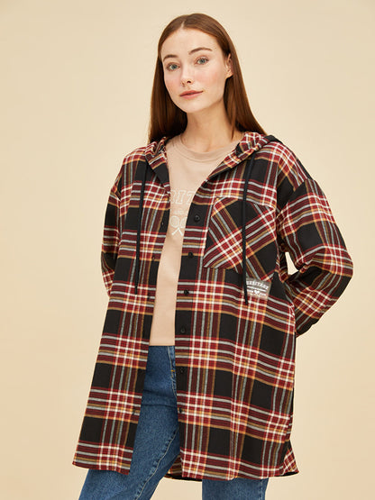 Hooded Plaid Pocket Detailed Long Sleeve Women's Tunic