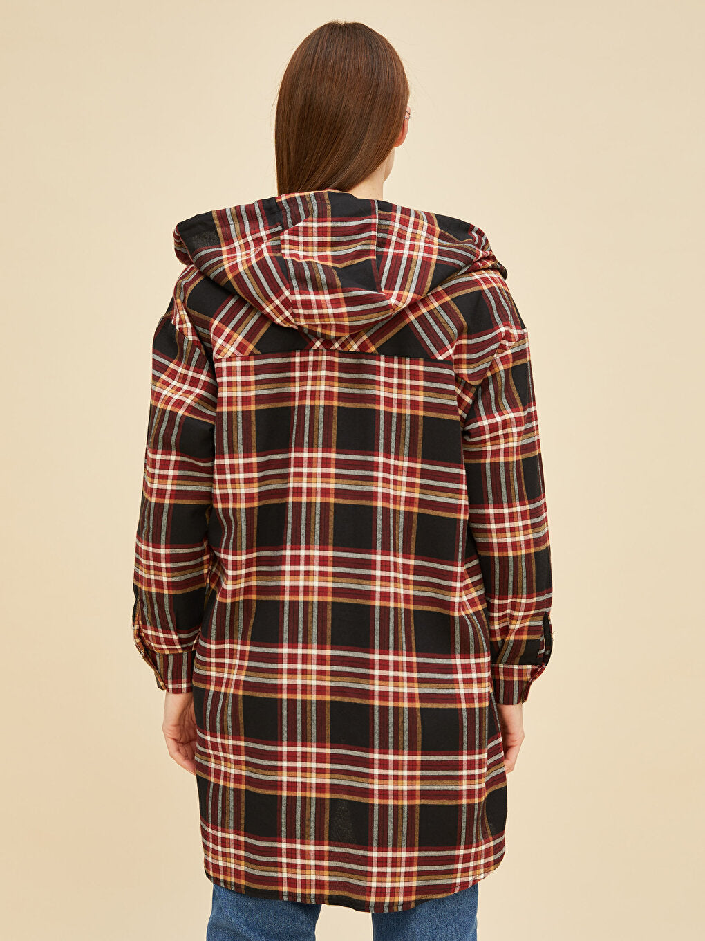 Hooded Plaid Pocket Detailed Long Sleeve Women's Tunic