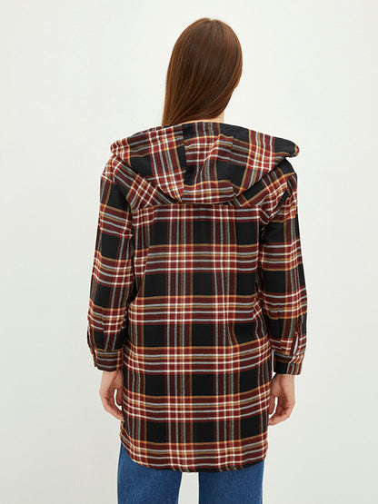 Hooded Plaid Pocket Detailed Long Sleeve Women's Tunic