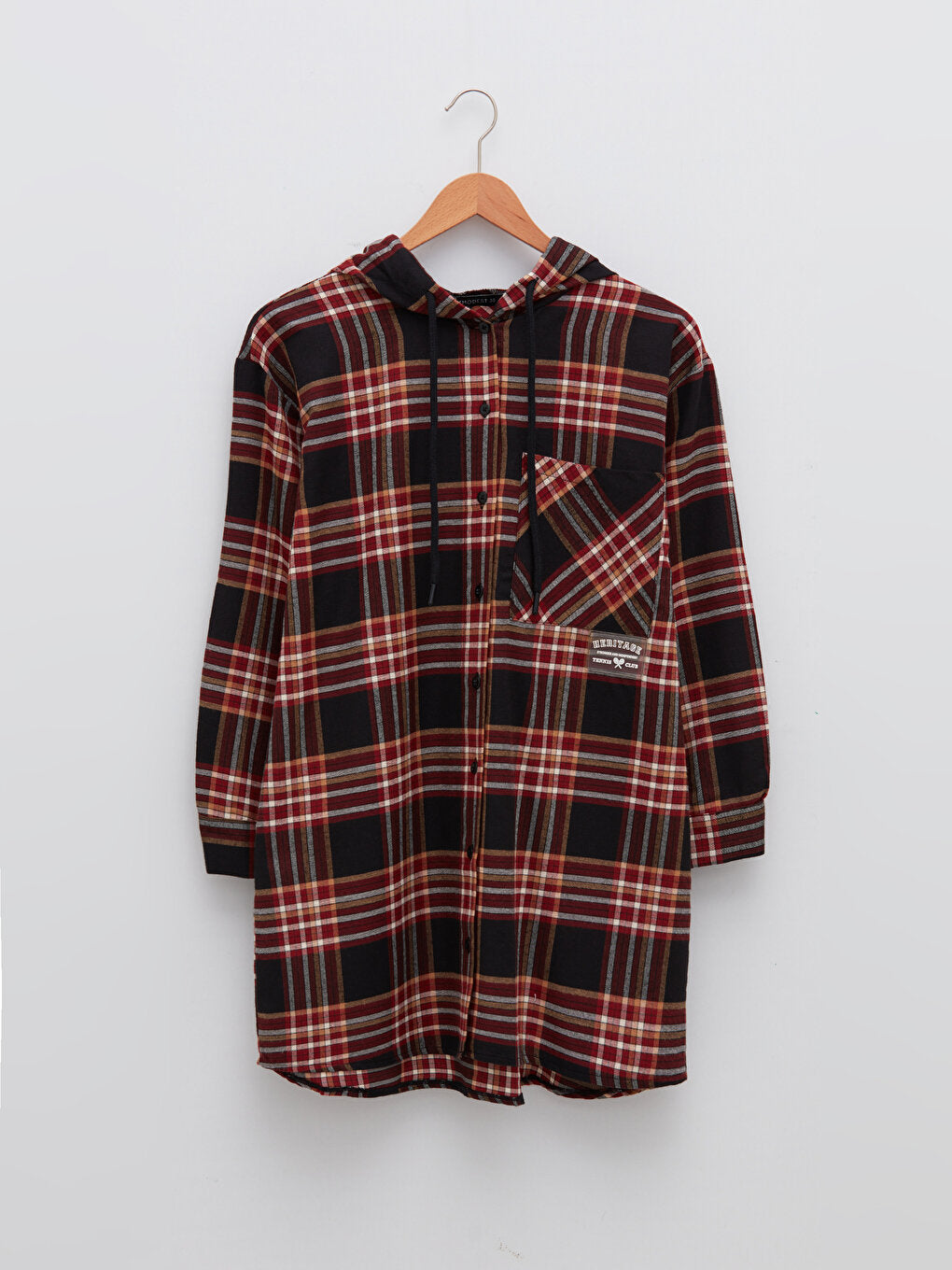 Hooded Plaid Pocket Detailed Long Sleeve Women's Tunic