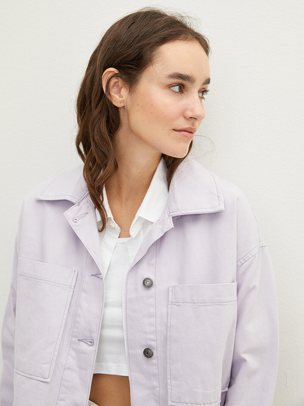 Shirt Collar Plain Long Sleeve Pocket Detailed Poplin Women's Jacket