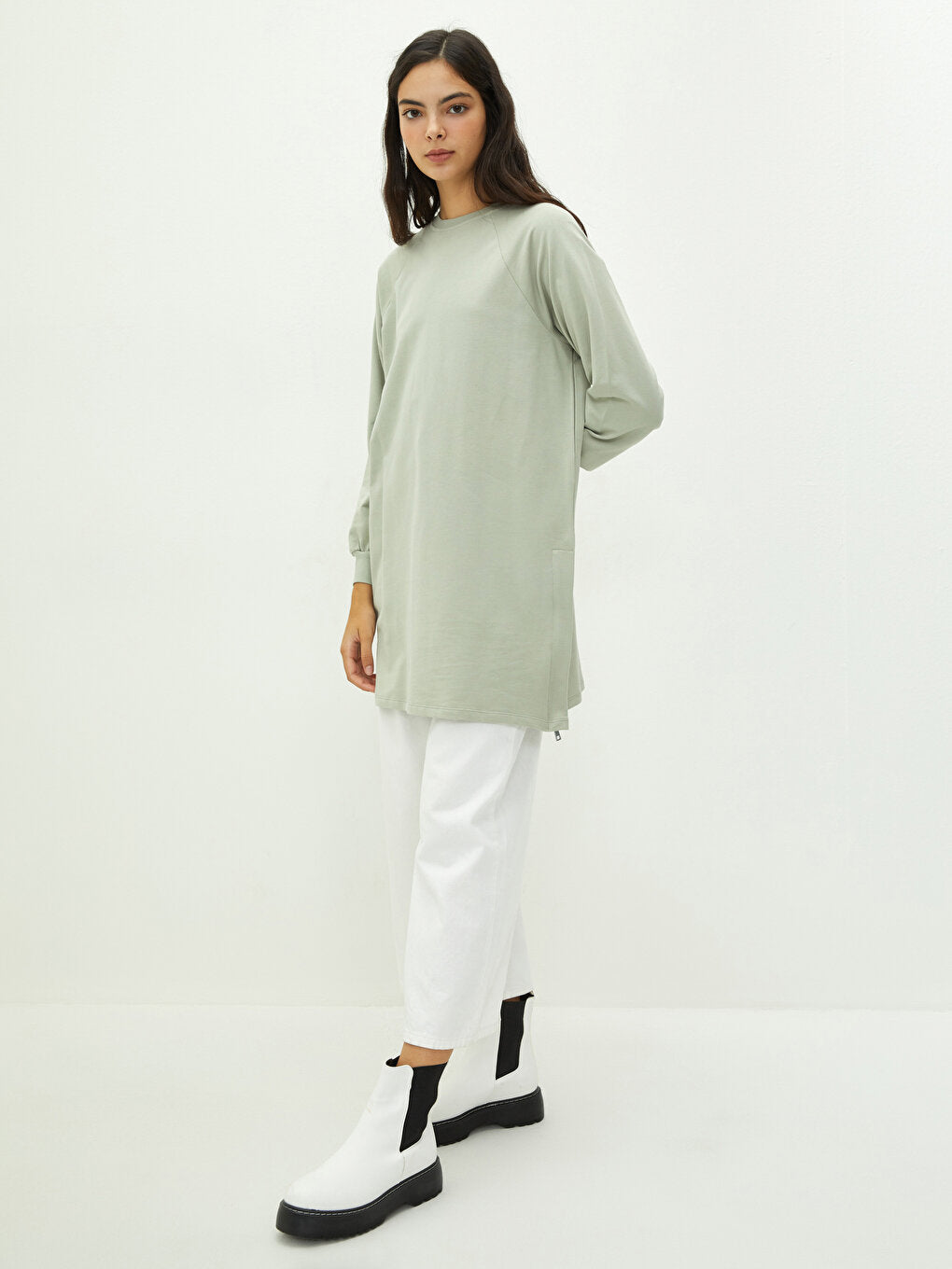 Crew Neck Plain Long Sleeve Cotton Women's Sweatshirt Tunic