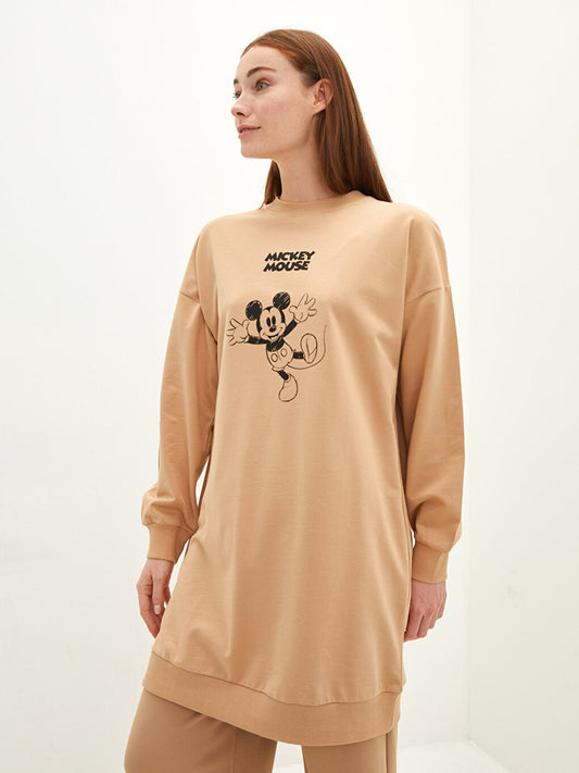 Crew Neck Mickey Mouse Printed Long Sleeve Cotton Women's Tunic