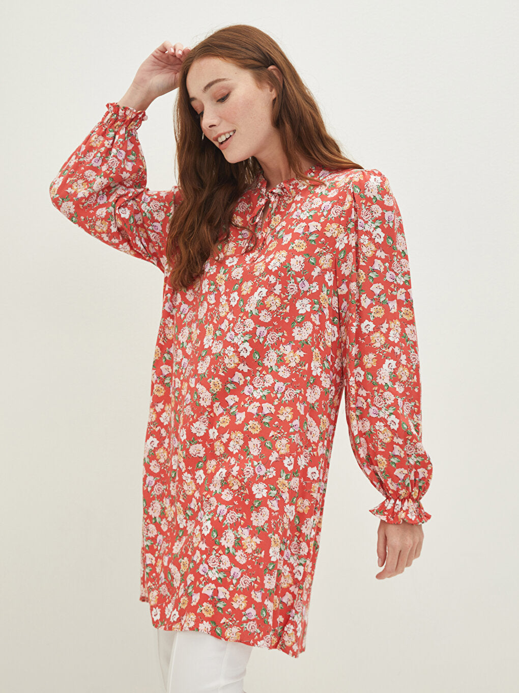 Tie Collar Patterned Long Sleeve Viscose Women's Tunic