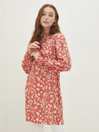 Tie Collar Patterned Long Sleeve Viscose Women's Tunic