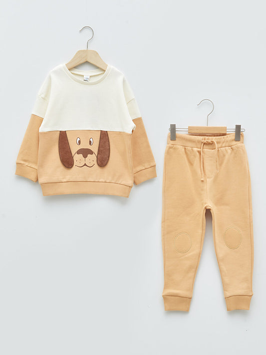 Crew Neck Long Sleeve Printed Cotton Baby Boy Sweatshirt and Jogger Pants 2-Piece Set