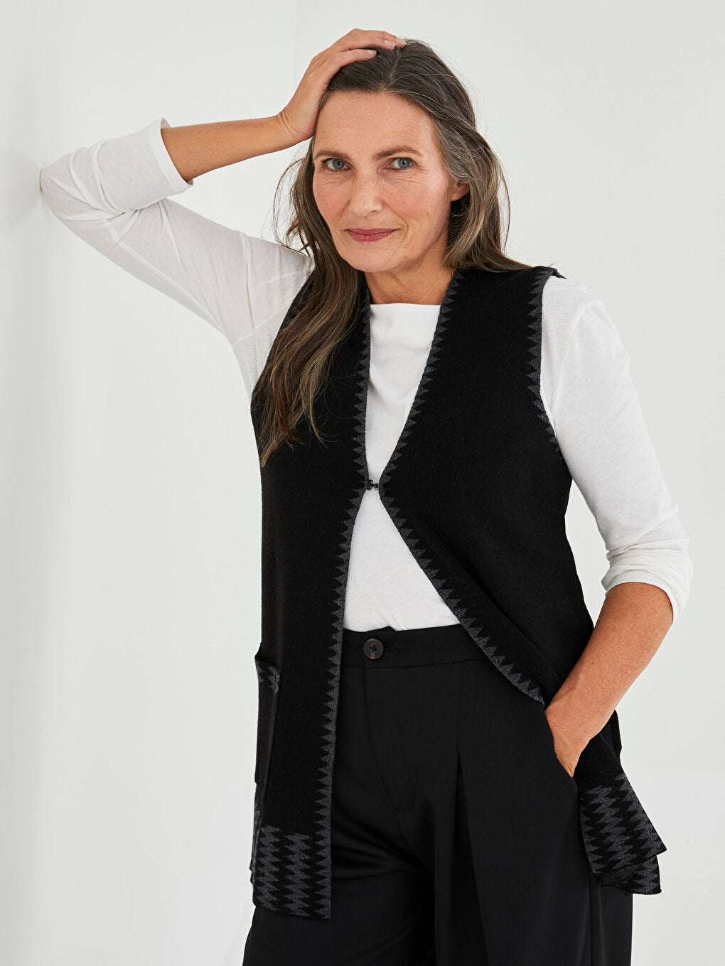 V-Neck Self-Patterned Women's Knitwear Vest with Pocket Detail