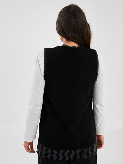 V-Neck Self-Patterned Women's Knitwear Vest with Pocket Detail