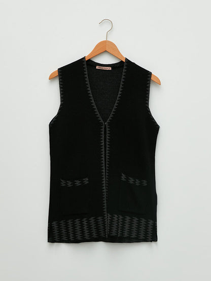 V-Neck Self-Patterned Women's Knitwear Vest with Pocket Detail