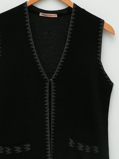 V-Neck Self-Patterned Women's Knitwear Vest with Pocket Detail