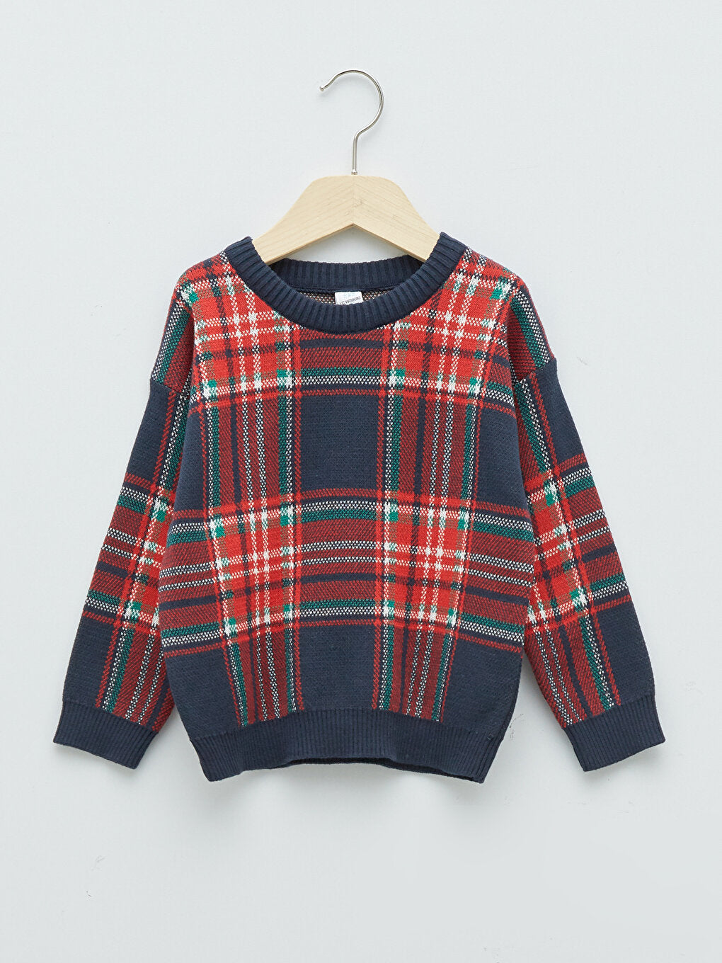 Crew Neck Long Sleeve Plaid Patterned Baby Boy Knitwear Sweater