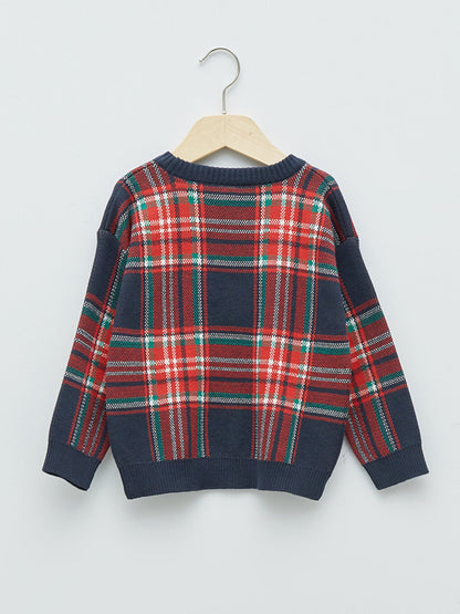 Crew Neck Long Sleeve Plaid Patterned Baby Boy Knitwear Sweater