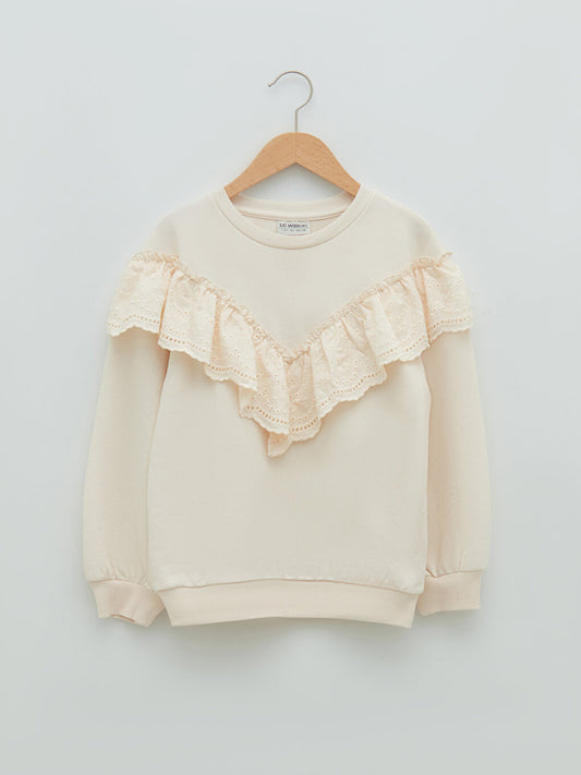 Crew Neck Ruffled Scallop Detailed Long Sleeve Girl's Sweatshirt