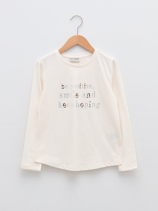 Crew Neck Printed Long Sleeve Cotton Girls' T-Shirt