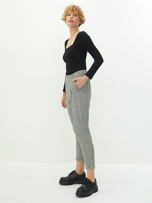 Elastic Waist Plaid Pocket Detailed Gabardine Fabric Women's Trousers