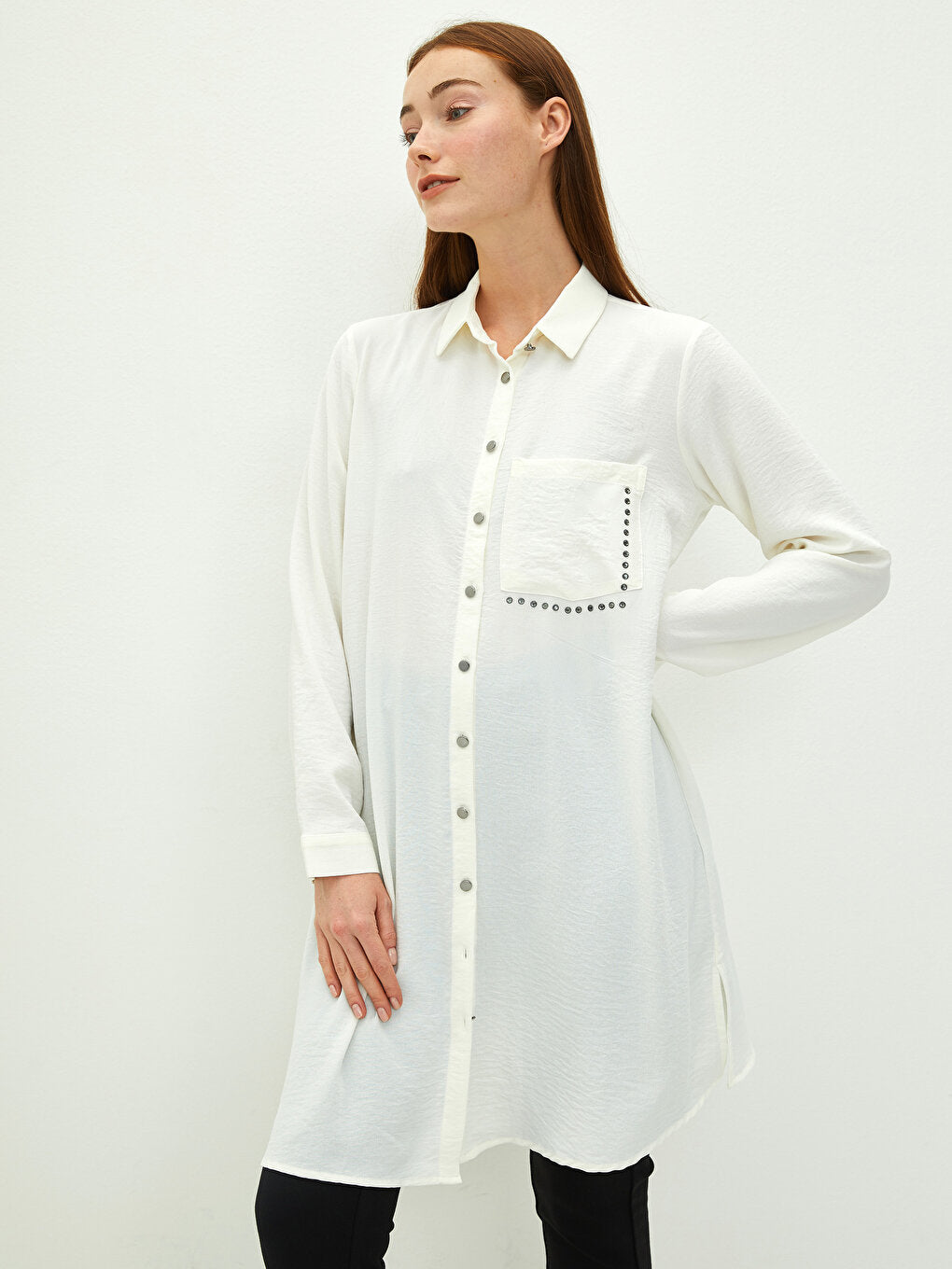 Plain Long Sleeve Crepe Women's Shirt Tunic