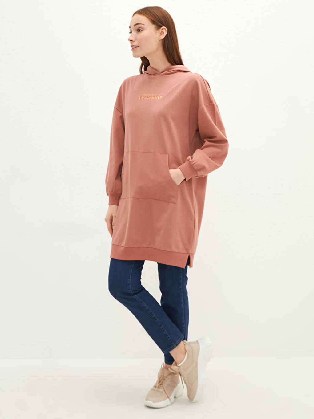 Hooded Collar Printed Long Sleeve Women's Sweatshirt Tunic