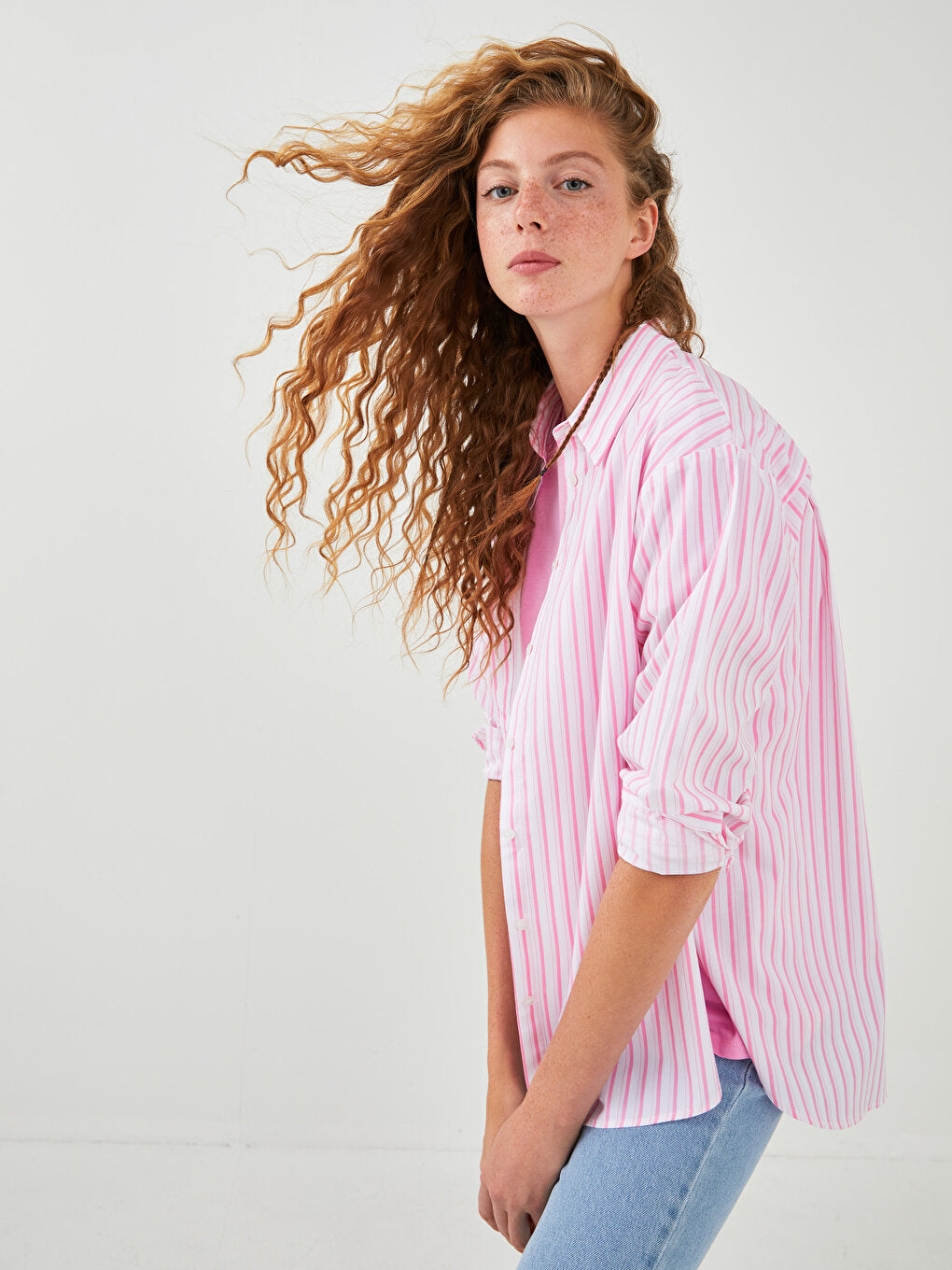 Front Button Closure Striped Long Sleeve Poplin Women's Shirt