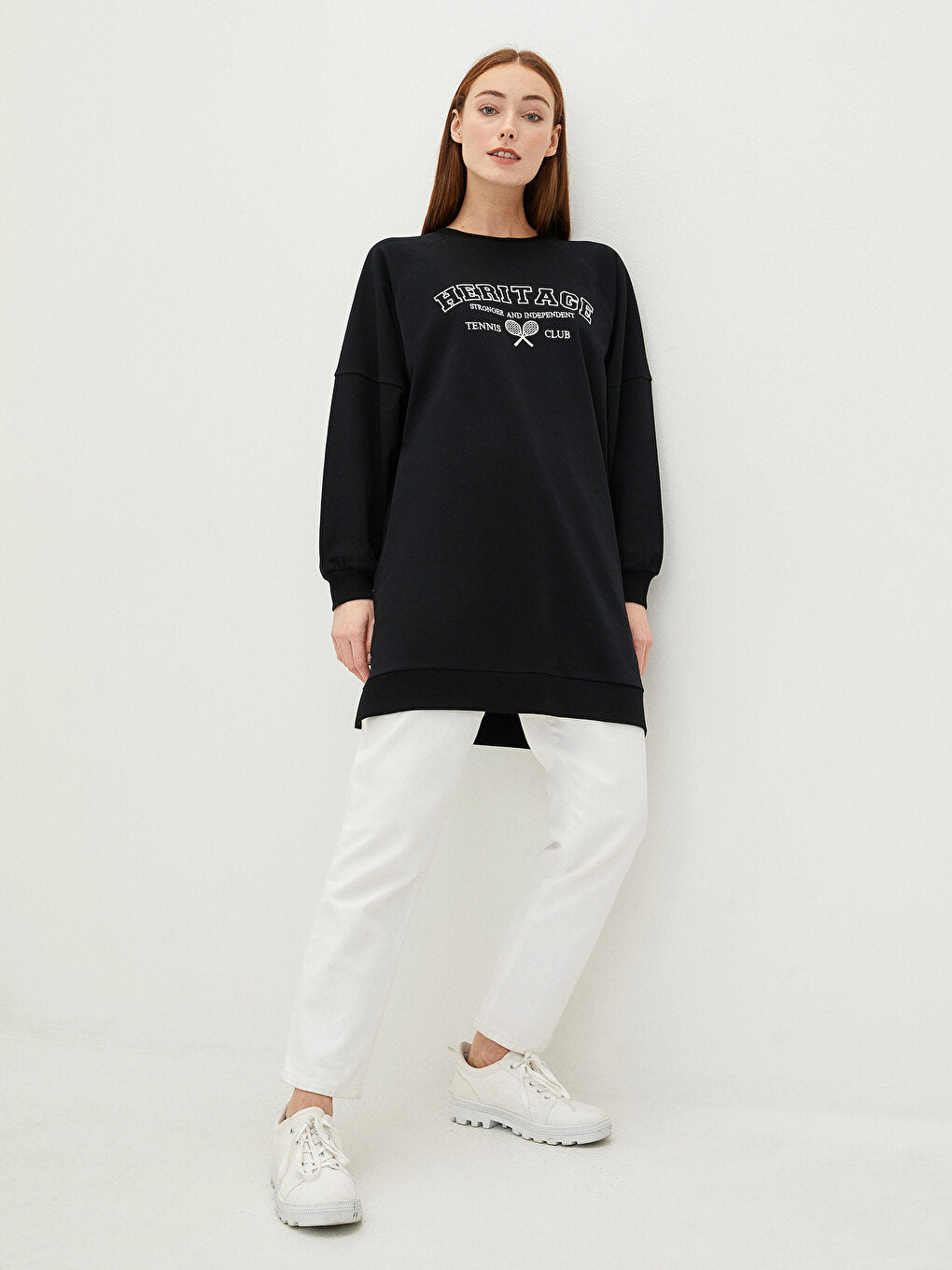 Crew Neck Embroidered Long Sleeve Women's Sweatshirt Tunic