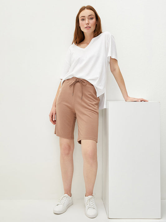 Women's Bermuda Shorts with Elastic Waist and Flat Pocket Detail