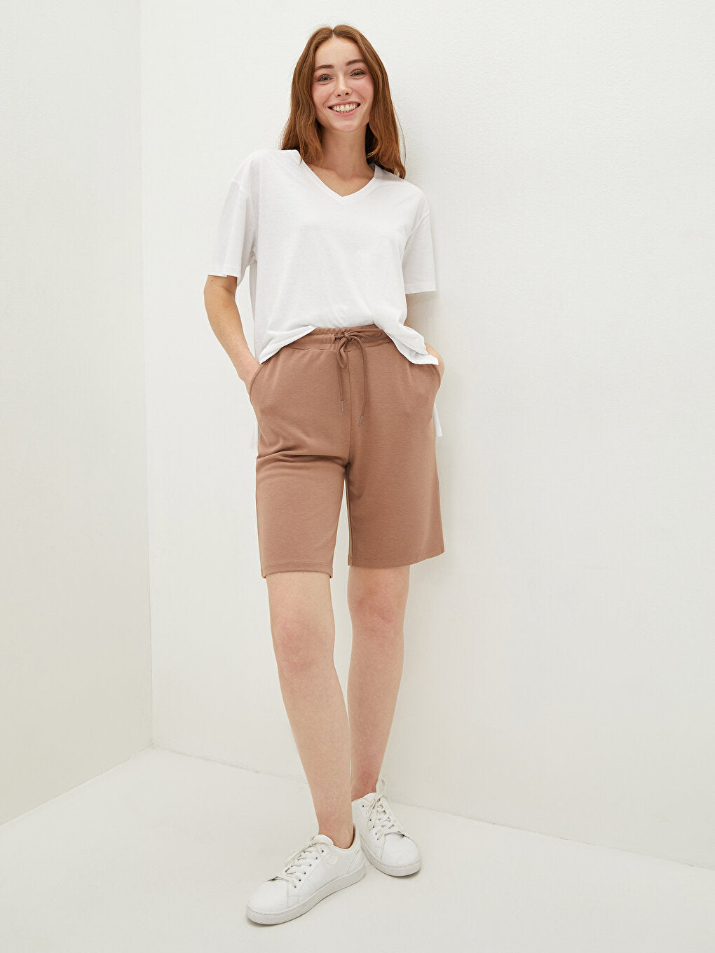 Women's Bermuda Shorts with Elastic Waist and Flat Pocket Detail