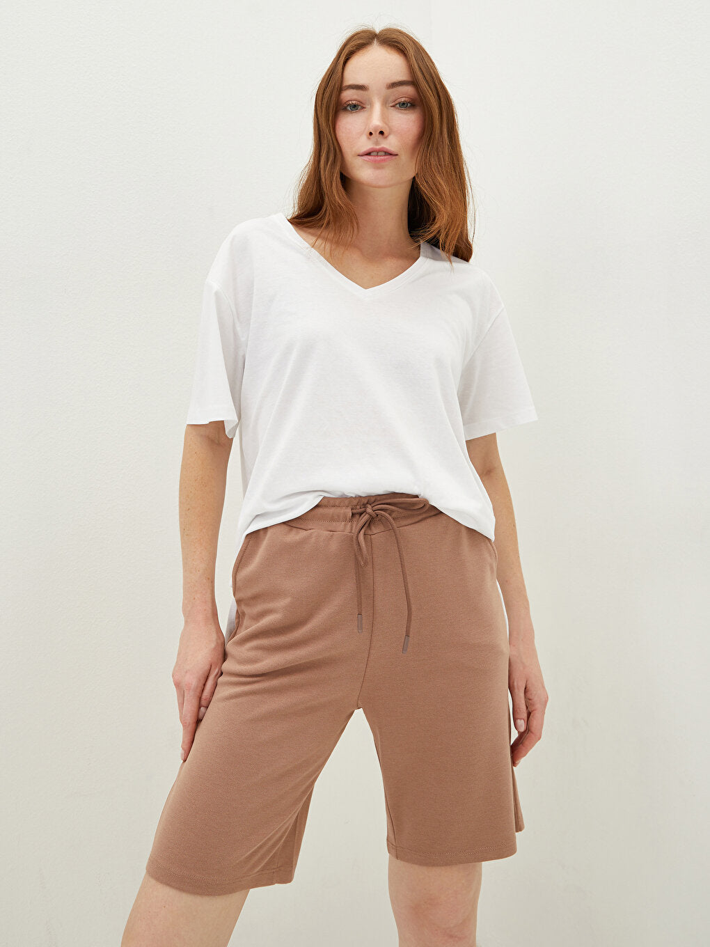 Women's Bermuda Shorts with Elastic Waist and Flat Pocket Detail