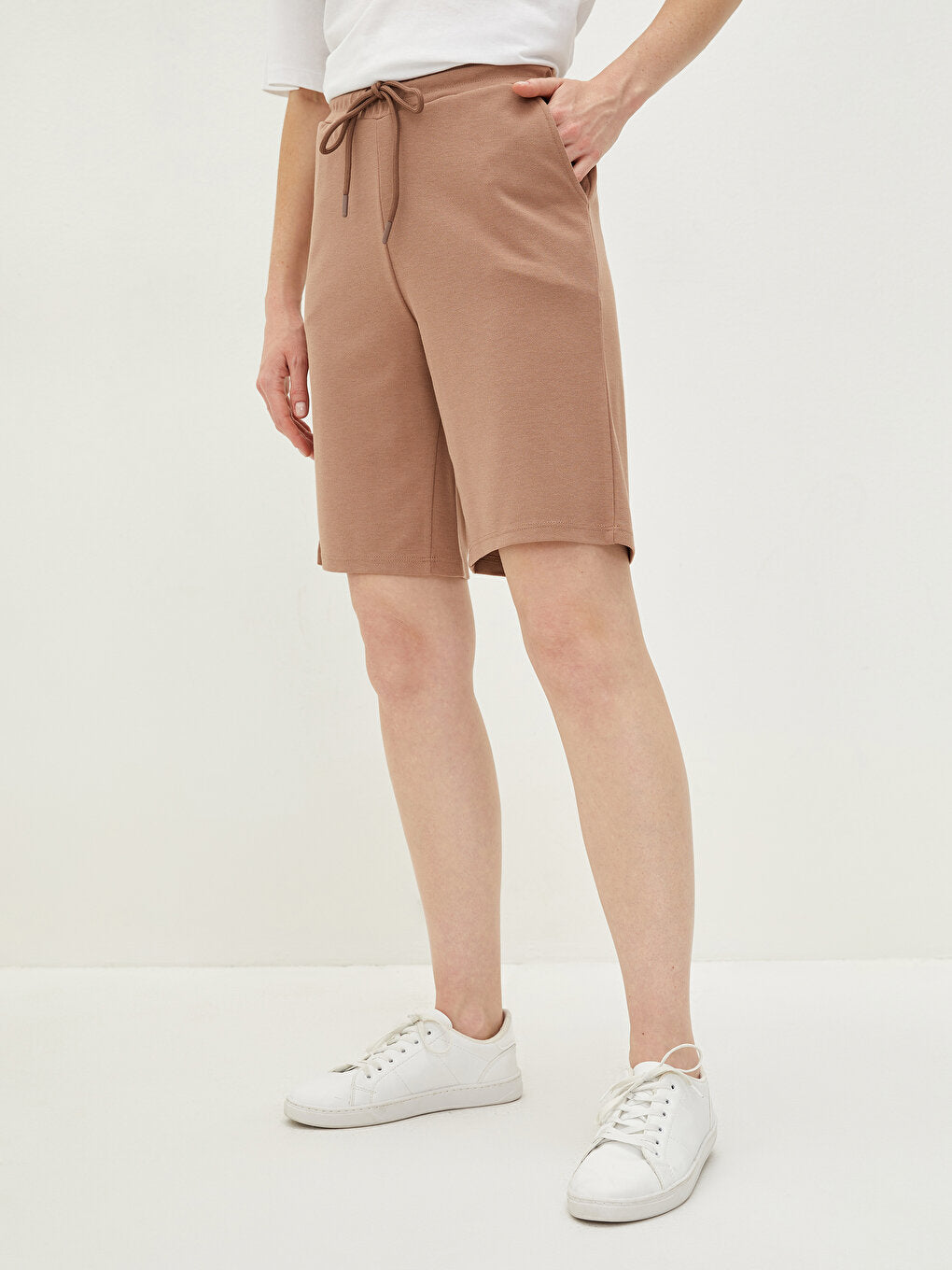 Women's Bermuda Shorts with Elastic Waist and Flat Pocket Detail