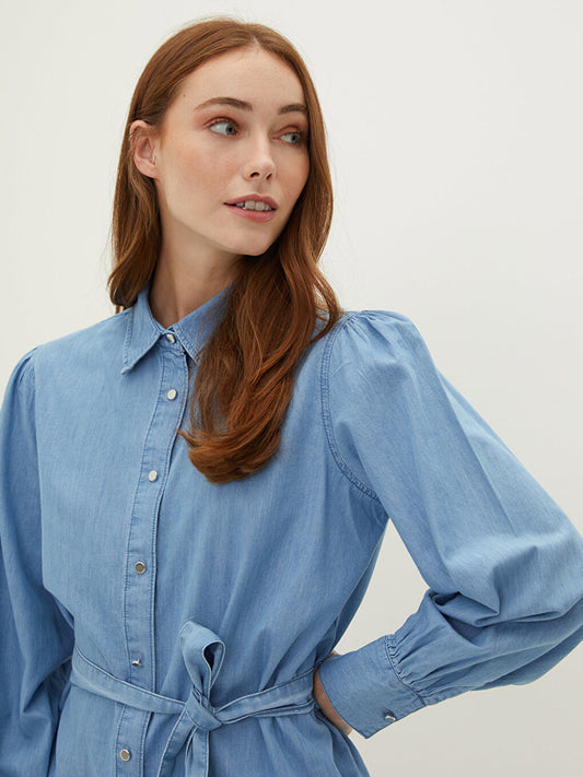 Shirt Collar Plain Long Sleeve Belted Waist Women's Jean Tunic