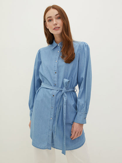 Shirt Collar Plain Long Sleeve Belted Waist Women's Jean Tunic