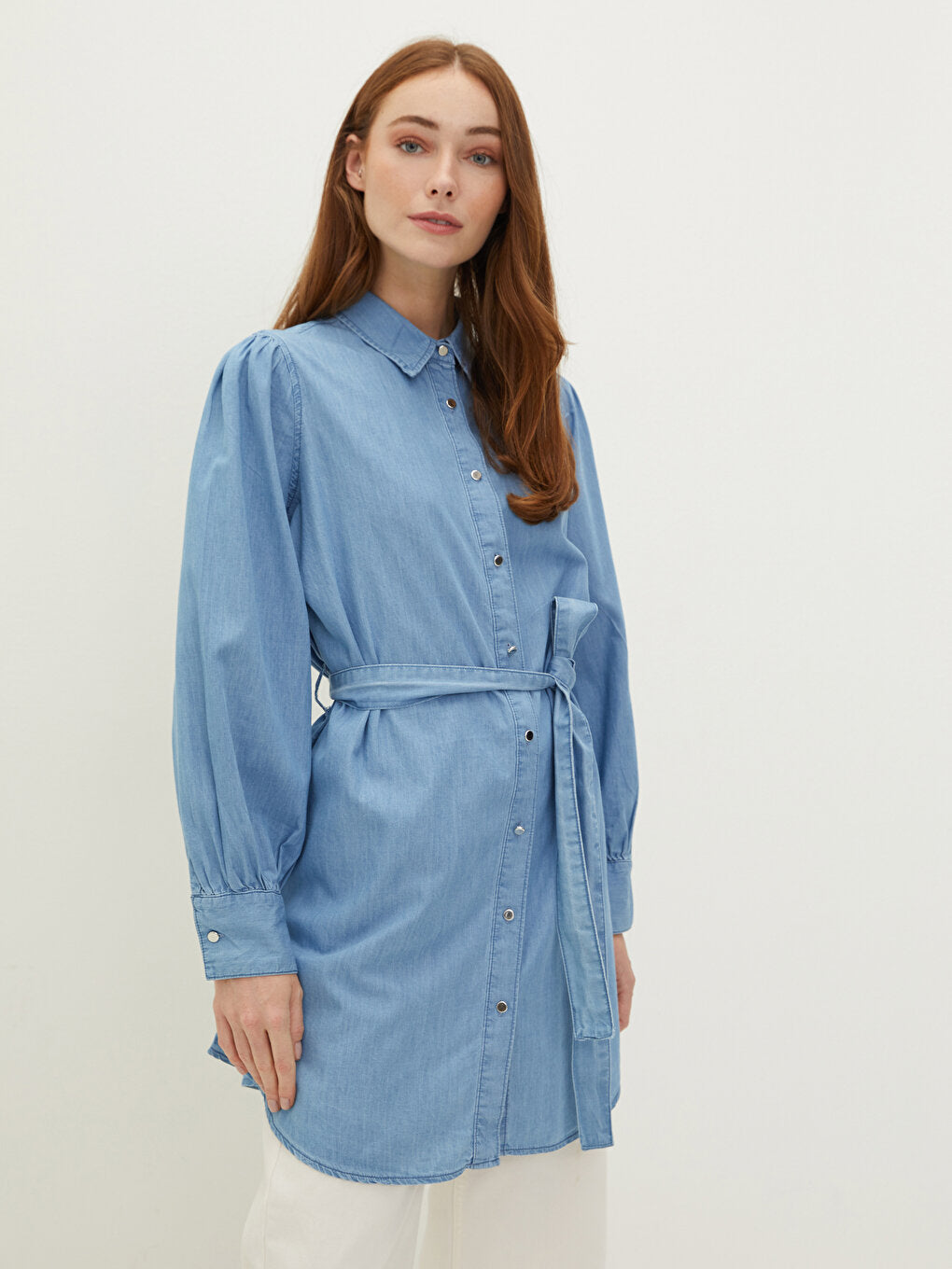 Shirt Collar Plain Long Sleeve Belted Waist Women's Jean Tunic