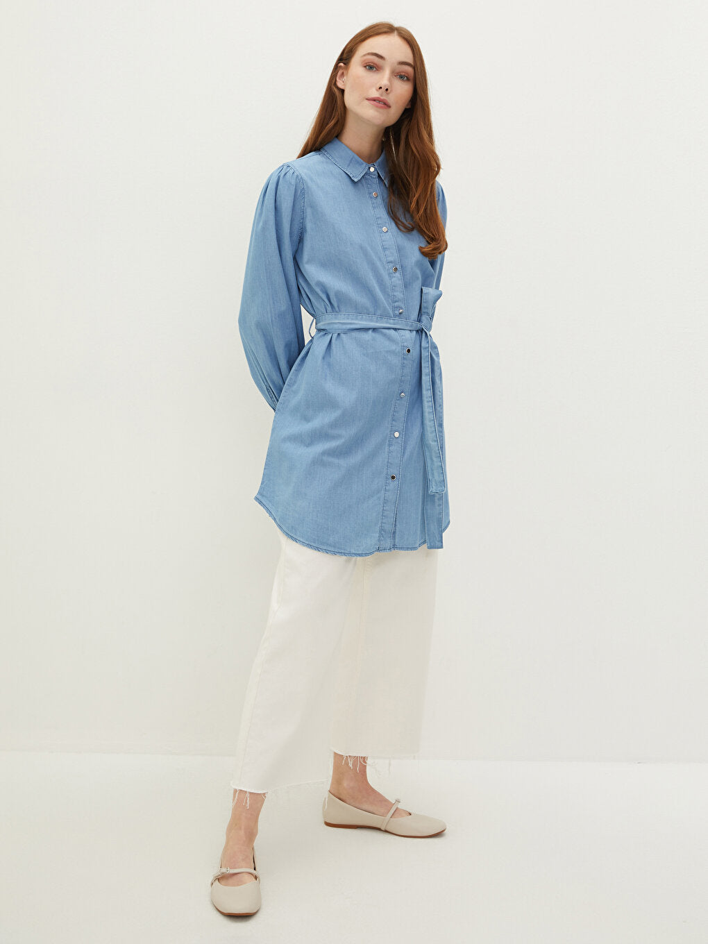 Shirt Collar Plain Long Sleeve Belted Waist Women's Jean Tunic