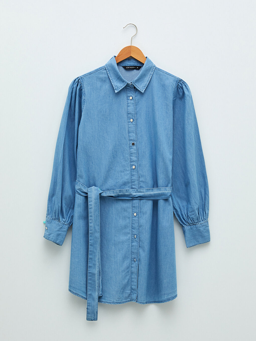 Shirt Collar Plain Long Sleeve Belted Waist Women's Jean Tunic