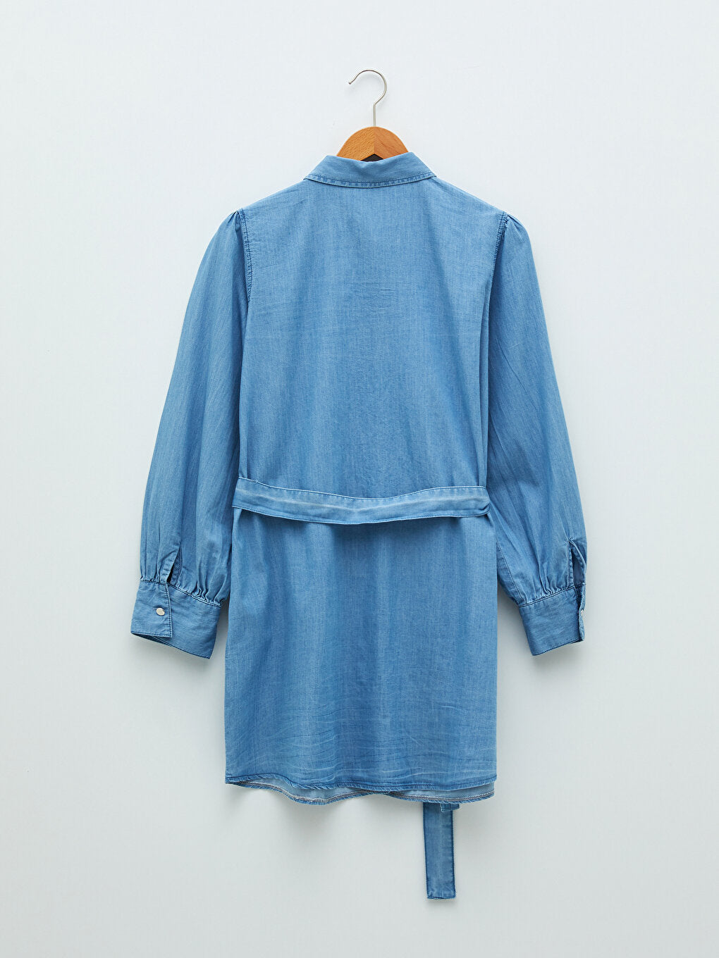 Shirt Collar Plain Long Sleeve Belted Waist Women's Jean Tunic