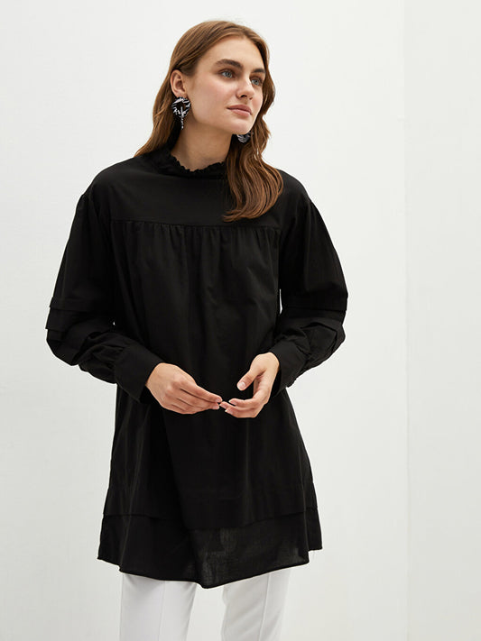 Ruffle Collar Plain Long Sleeve Cotton Women's Tunic